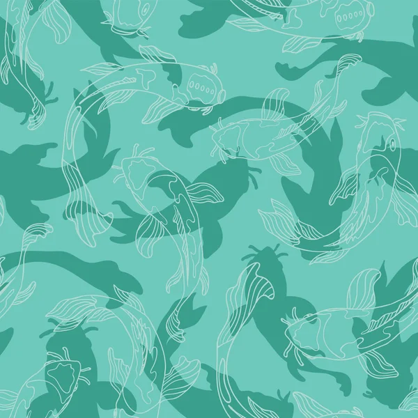 Blå Grön Koi Fisk Cut Outs Skiktad Med Lineart Silhuetter — Stock vektor