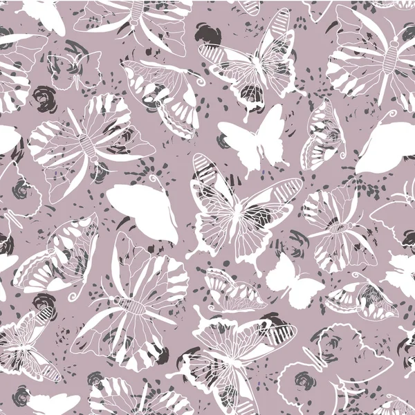 Κομψή Λευκή Πεταλούδα Σιλουέτες Παστέλ Μωβ Αφηρημένο Floral Φόντο Απρόσκοπτη — Διανυσματικό Αρχείο