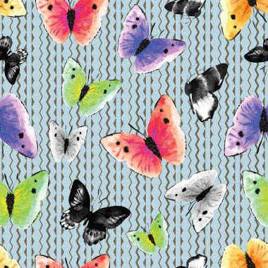 Sulu boya tek renkli ve çok renkli kelebekler grafik, modern etnik zig zag arka plan üzerinde. Sorunsuz vektör desen. Büyük tekstil, ev dekor, moda ve ileti örneği için.