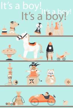 Vektör vintage ahşap oyuncak tasarımı yeni doğmuş ulaşım için rafa. Bebek Çocuk Doğum duyuru şablonu. Kartlar, davetiyeler, posterler, hurda kitap, web tasarım için idealdir.