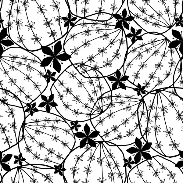 Preto Branco Redonda Floração Cacto Mão Desenhada Linha Arte Doodle — Vetor de Stock