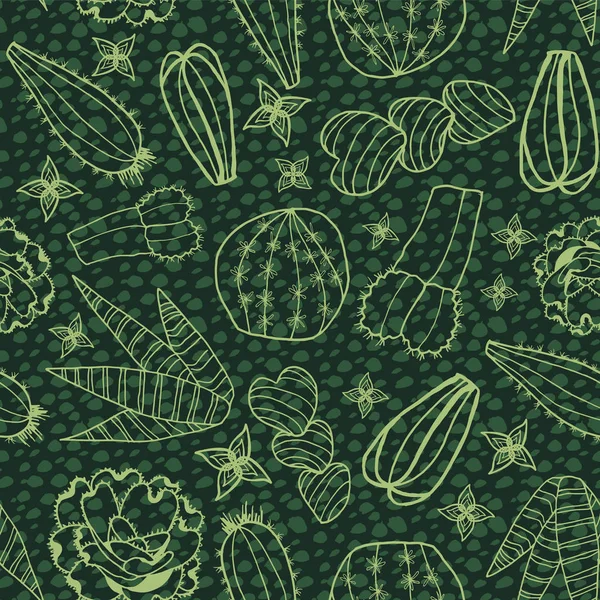 Doodle Χέρι Βαθιά Πράσινη Γραμμή Τέχνης Παχύφυτα Και Κακτοειδή Φυτά — Διανυσματικό Αρχείο