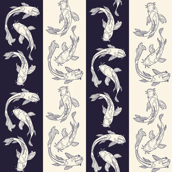 Poisson Monochrome Koï Carpes Japonaises Sur Bandes Verticales Aux Couleurs — Image vectorielle