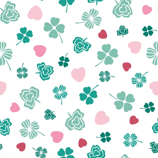 Розовый и зеленый ирландские символы дизайн с ручной работы трилистник и сердца. Бесшовный векторный шаблон . — стоковый вектор