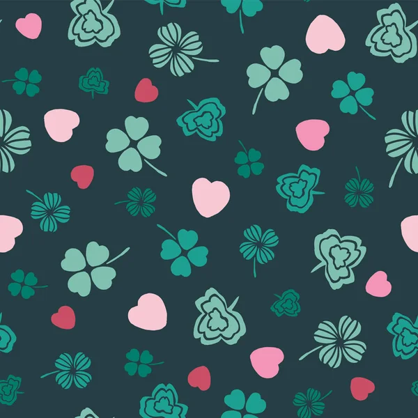 Design de símbolos irlandeses rosa e verde com trevos e corações desenhados à mão. Ideal para o dia St Patricks, papel, reserva de sucata e como elemento de ilustração . — Vetor de Stock