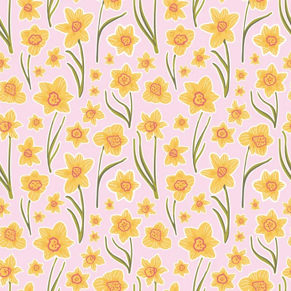 Os Daffodils amarelos no Rosa - arte de gente estilizaram o buquê de narciso com um efeito de etiqueta. Paleta de cores retro rosa e amarelo . —  Vetores de Stock