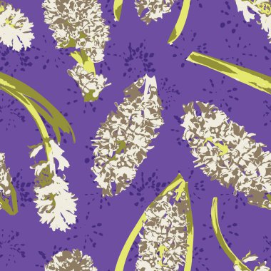 Beyaz sümbüller bahar çiçekleri sıçrama desenli mor arka planda. Kusursuz vektör deseni.