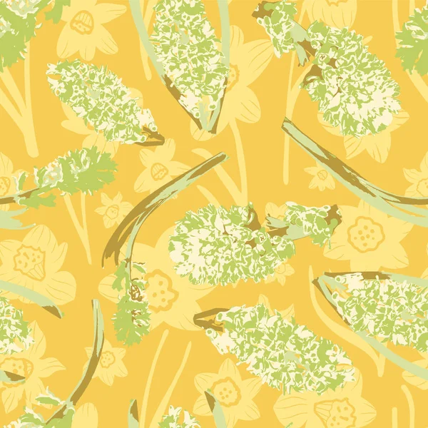 Flores primaverales fotográficas jacintos blancos y siluetas de narciso amarillo dibujadas a mano. Patrón sin costura vectorial . — Archivo Imágenes Vectoriales