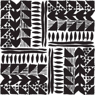 Siyah beyaz el çizilmiş kabile patchwork dikişsiz vektör deseni.