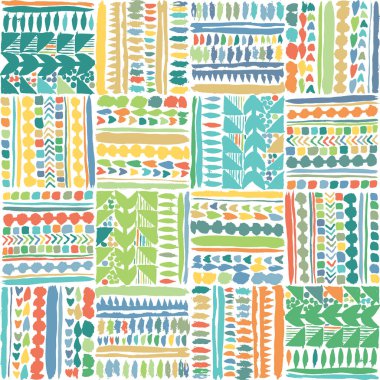 El çizilmiş çok renkli kabile patchwork dikişsiz vektör deseni. Ev dekorasyonu, kırtasiye, giyim, fon için harika.