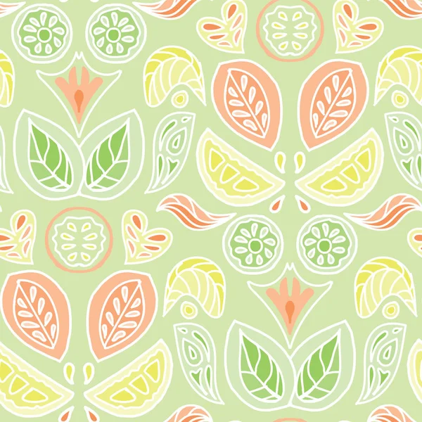 Cítricos pastel de colores y hojas de damasco diseño en un estilo de arte popular. Patrón de vector inconsútil . — Archivo Imágenes Vectoriales