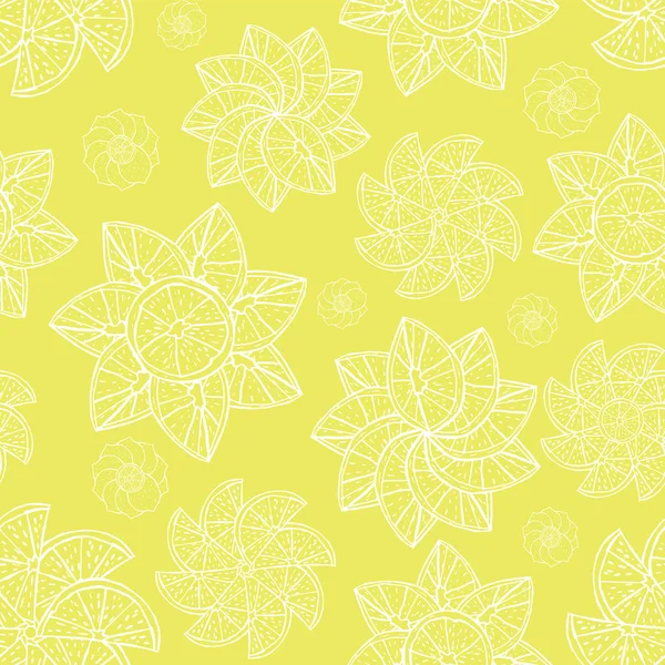 Gele citrusvruchten sier mandala naadloze vector patroon. — Stockvector