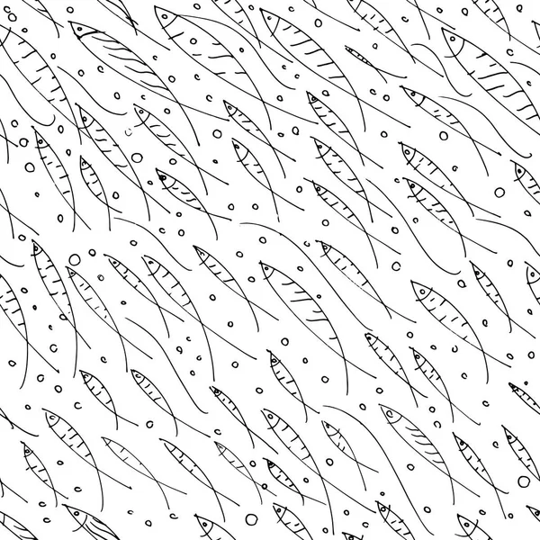 Vector blanco y negro dibujado a mano doodle escuela de peces patrón sin costura . — Vector de stock