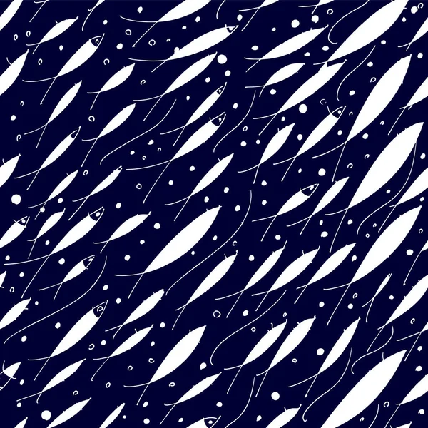 Vector blanco en azul marino dibujado a mano doodle escuela de silueta de peces patrón sin costura . — Vector de stock