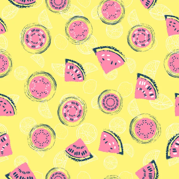 Rebanadas de sandía rosa dibujadas a mano y limones sobre fondo amarillo. Patrón sin costuras. Vector — Vector de stock