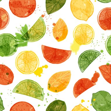 Dilimlenmiş portakal, limon ve limon ile vektör suluboya narenciye dikişsiz desen arka plan.