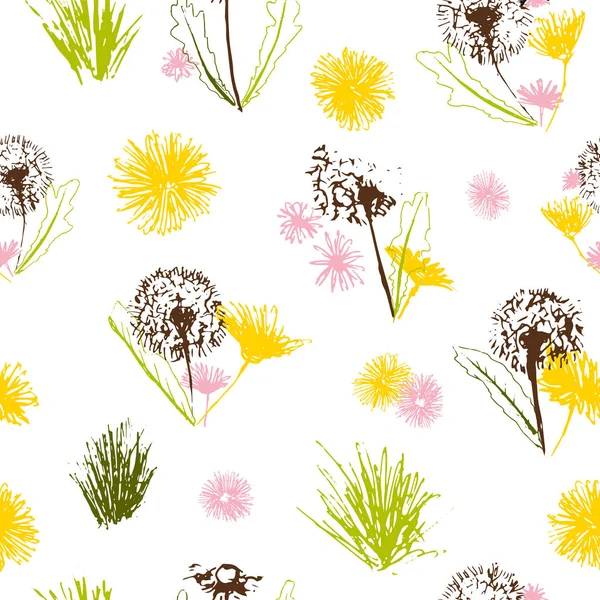 Vector floral dandelions blowballs and daisy bouquets seamless pattern background. — Stock Vector