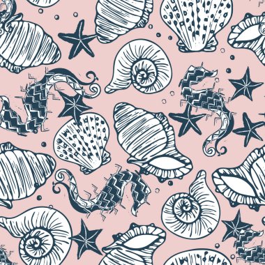 Retro lacivert ve pembe denizatı, yıldız balığı ve deniz kabuğu Dikişsiz desen arka plan.