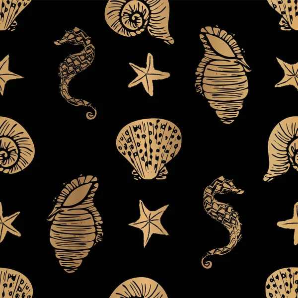 Elegáns arany és fekete vektor csikóhal, tengeri csillagok és a Seashell varrat nélküli mintázat háttér. — Stock Vector
