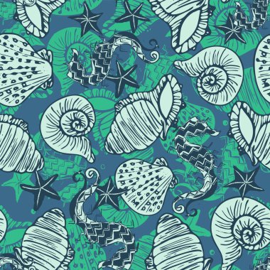 Yeşil ve mavi vektör Retro denizatı, yıldız balığı ve deniz kabuğu Dikişsiz desen arka plan.