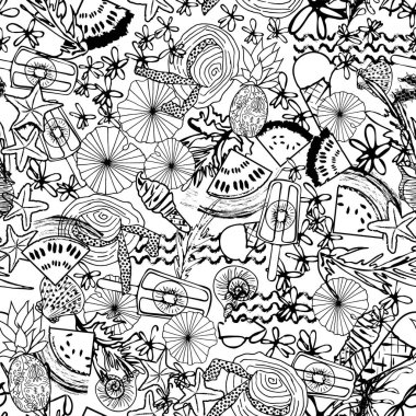 Siyah ve beyaz yaz plaj tatil arka plan. Dikişsiz vektör deseni.