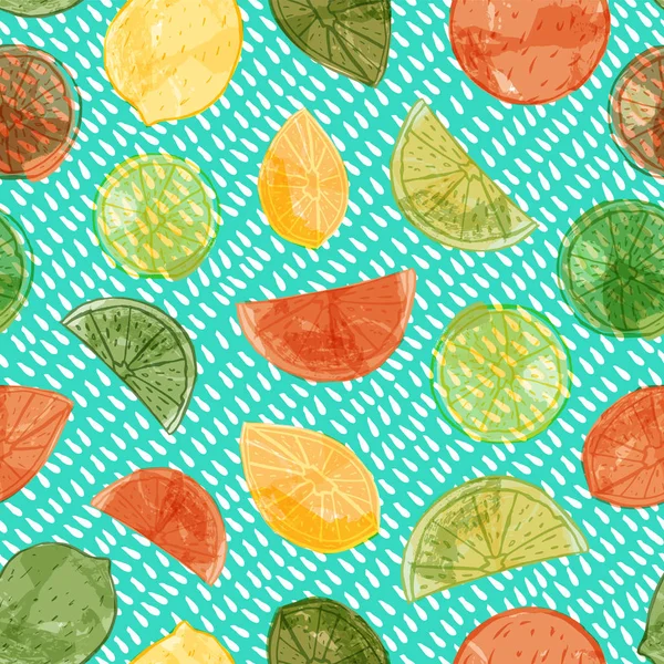 Vector acuarela cítricos sin costuras patrón de fondo con naranjas en rodajas, limas y limones . — Vector de stock