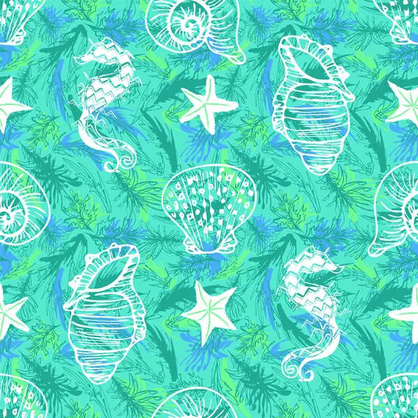 Vit vektor linje Art Seahorse, sjöstjärna och snäpp sömlösa mönster på grön och blå tång bakgrund. — Stock vektor