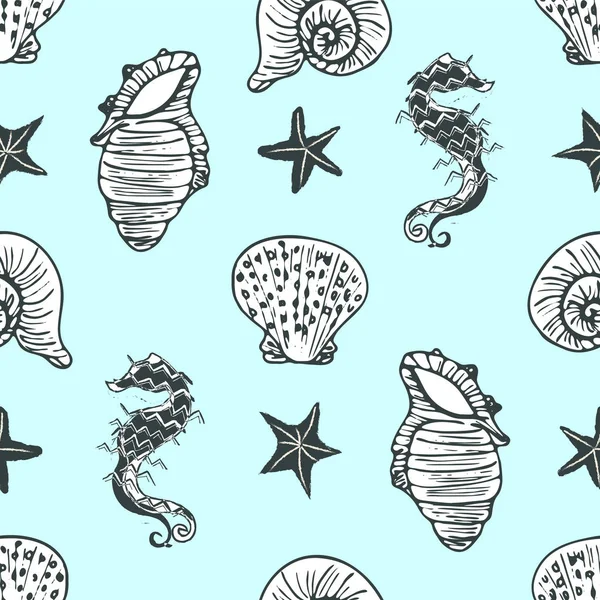 Hand drawn black and white seahorse, starfish and seashell seamless pattern on pastel blue background in a retro engraving style. — Stock Vector