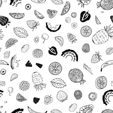 Siyah ve beyaz yaz meyve dikişsiz desen baskı arka plan tasarımı