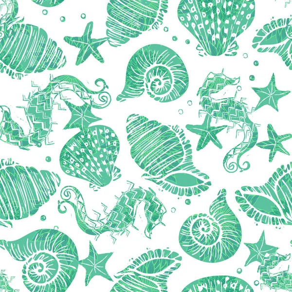 Grön utsmyckade Seashell sömlösa mönster Skriv ut bakgrund design — Stock vektor