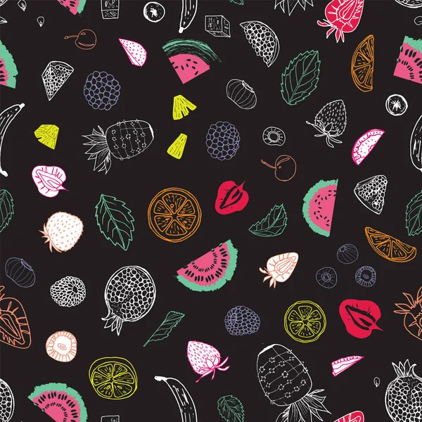 Летние фрукты бесшовные шаблон печати дизайн на черном фоне — стоковый вектор
