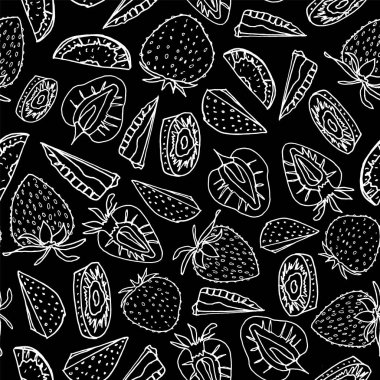 Çizgi sanatı siyah ve beyaz çilek dikişsiz desen arka plan tasarımı.