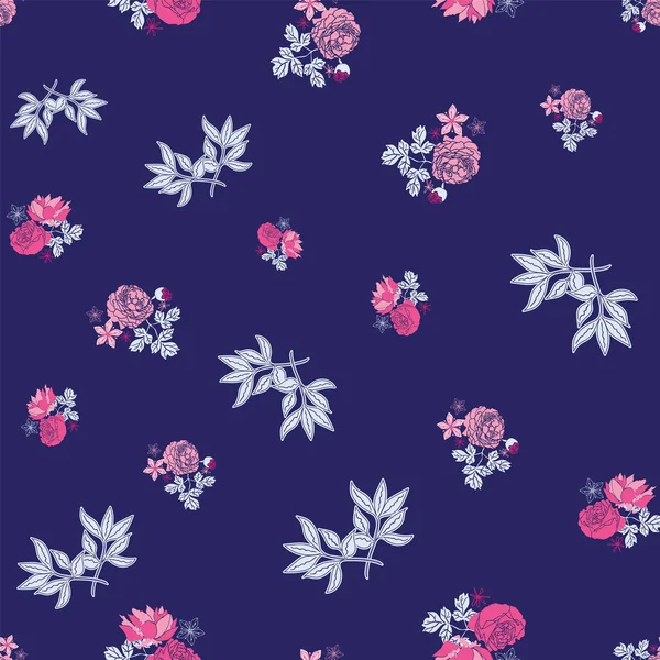 Dark purple Russian roses floral seamless pattern print. Вектор — стоковый вектор