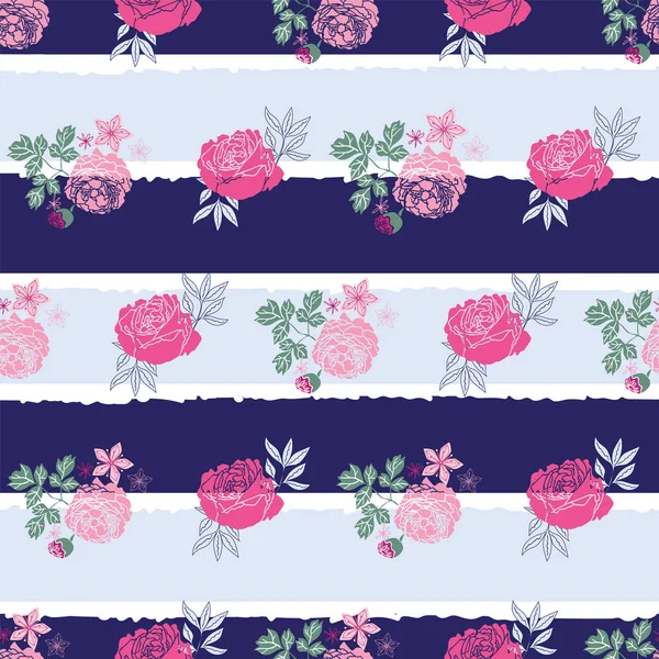 Moderne Rosen und Streifen mit floralem, nahtlosem Muster. Vektor — Stockvektor