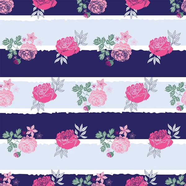 Rosas modernas y rayas estampado floral sin costuras. Vector — Vector de stock