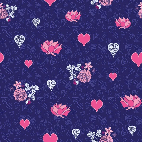 Fleurs et cœurs motif floral sans couture impression. Vecteur — Image vectorielle