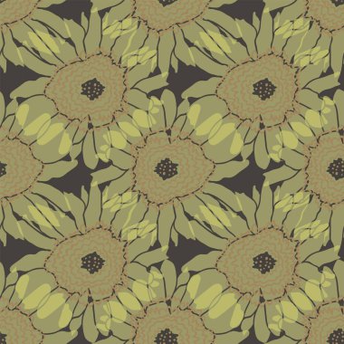 Kahverengi Dikişsiz desen baskı arka plan tasarımı üzerinde büyük el çizilmiş ayçiçeği kafaları