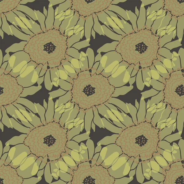 Kahverengi Dikişsiz desen baskı arka plan tasarımı üzerinde büyük el çizilmiş ayçiçeği kafaları