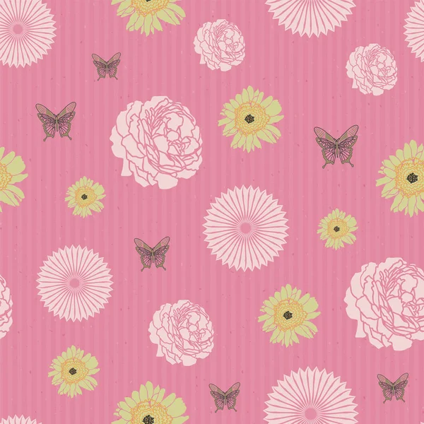 Flores cor de rosa e borboletas padrão de impressão. Rosas e girassóis em papel kraft design de fundo vetor sem costura . —  Vetores de Stock