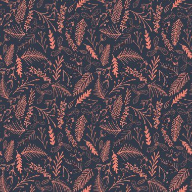 Vektör kış yeşillik Dikişsiz desen. Zarif Retro Doodle tarzı tatil sezonu baskı arka plan tasarımı.