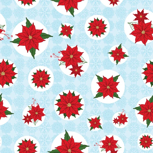 Navidad Poinsettia y copos de nieve vector sin costuras fondo patrón floral. Diseño de impresión de temporada navideña . — Vector de stock