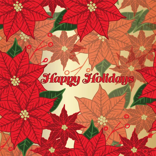 Poinsettia roja y dorada temporada navideña diseño de tarjetas de felicitación floral. Felices fiestas festivas ilustración . — Vector de stock