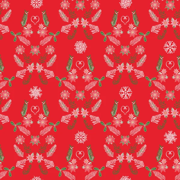 Kreatives weihnachtliches Damastmuster mit Weihnachtsstern, immergrünen Zweigen und Schneeflocken. Vektor — Stockvektor