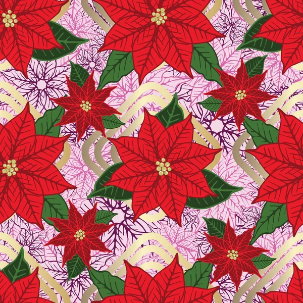 Μωβ κόκκινο και χρυσό χριστουγεννιάτικο Ποτσέτια χωρίς ραφές floral μοτίβο φόντο. Διάνυσμα — Διανυσματικό Αρχείο