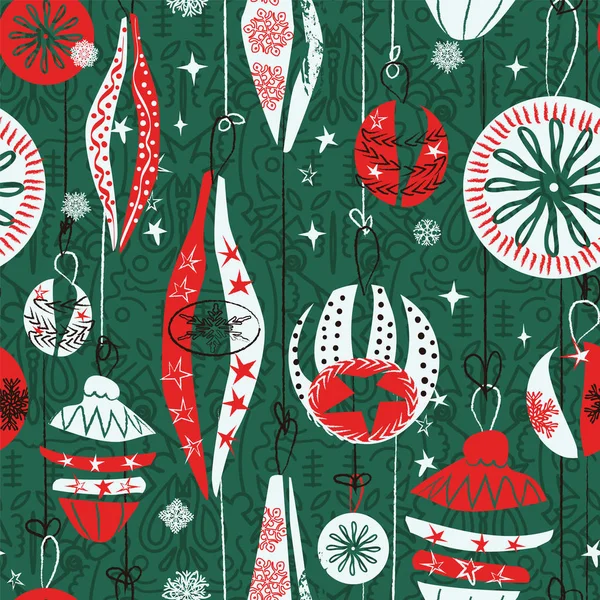 Colgante adornos de Navidad sin costuras patrón de fondo. Diseño de ilustración abstracta retro. Diseño de papel de regalo navideño. Vector — Vector de stock