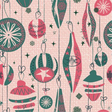 Asılı vintage süseşyaları, kar taneleri ve yıldızlar ile Dikişsiz Noel deseni. Ambalaj kağıdı, kartlar, davetiyeler için. Vektör.