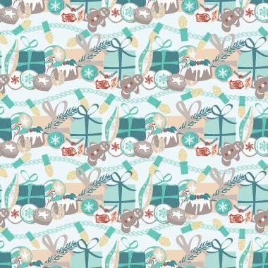 Yiyecek, hediyeler ve Noel ışıkları ile Noel desen. Ambalaj kağıdı, kartlar, davetiyeler, kumaşlar için. Dikişsiz vektör tasarımı.