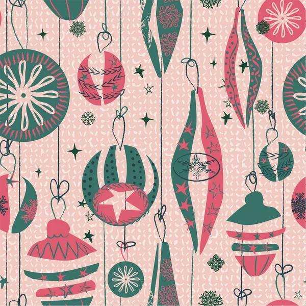 Seamless Christmas pattern with hanging vintage baubles ornaments, snowflakes and stars. For wrapping paper, cards, invitations. Vector. — Stock Vector