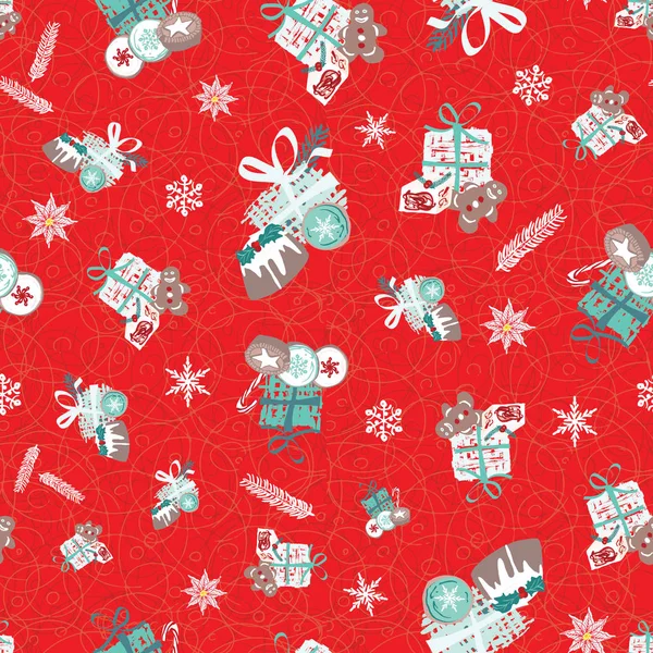 Christmas pattern with food, gifts and snowflakes. For wrapping paper, cards, invitations and fabric. Seamless vector design — Stock Vector