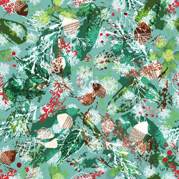 Pola Natal dengan kerucut pinus dingin, cabang cemara, holly dan kepingan salju. Liburan musim desain alam abstrak untuk membungkus kertas, kartu ucapan, undangan. Latar belakang vektor mulus  . Grafik Vektor